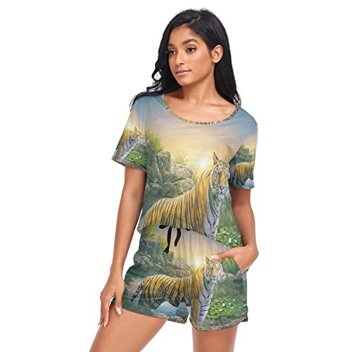 YOUJUNER Schlafanzug Damen Kurz Tierischer Tiger Pyjama Set Sommer Kurzarm Pyjamaset Nachtwäsche Zweiteiliger Hausanzug Sleepwear Loungewear von YOUJUNER