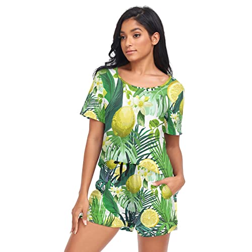 YOUJUNER Schlafanzug Damen Kurz Tropische Blätter gelbe Zitrone Pyjama Set Sommer Kurzarm Pyjamaset Nachtwäsche Zweiteiliger Hausanzug Sleepwear Loungewear von YOUJUNER