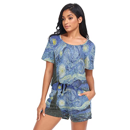 YOUJUNER Schlafanzug Damen Kurz Van Gogh Sternennacht Pyjama Set Sommer Kurzarm Pyjamaset Nachtwäsche Zweiteiliger Hausanzug Sleepwear Loungewear von YOUJUNER