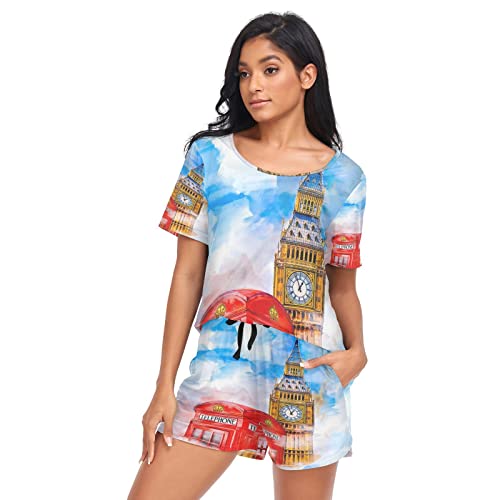 YOUJUNER Schlafanzug Damen Kurz Vintage UK London Big Ben Pyjama Set Sommer Kurzarm Pyjamaset Nachtwäsche Zweiteiliger Hausanzug Sleepwear Loungewear von YOUJUNER