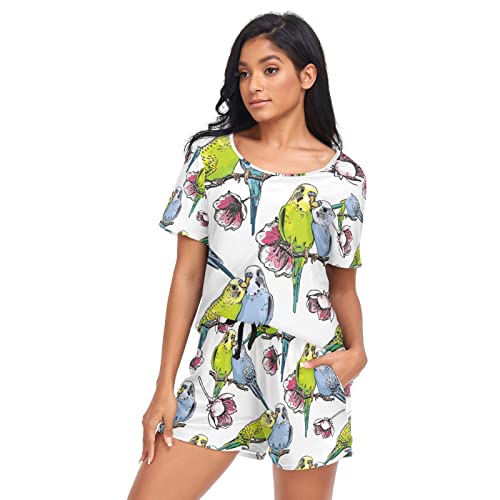YOUJUNER Schlafanzug Damen Kurz Vogel-Papagei-Liebe Pyjama Set Sommer Kurzarm Pyjamaset Nachtwäsche Zweiteiliger Hausanzug Sleepwear Loungewear von YOUJUNER