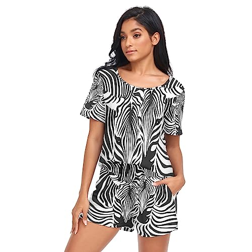 YOUJUNER Schlafanzug Damen Kurz Zebra-Druck Pyjama Set Sommer Kurzarm Pyjamaset Nachtwäsche Zweiteiliger Hausanzug Sleepwear Loungewear von YOUJUNER