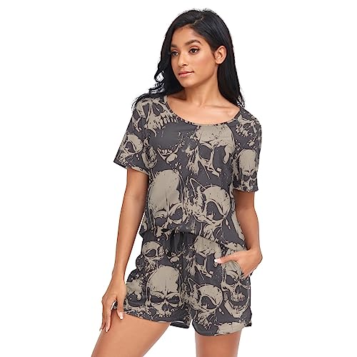 YOUJUNER Schlafanzug Damen Kurz Zuckerschädel Pyjama Set Sommer Kurzarm Pyjamaset Nachtwäsche Zweiteiliger Hausanzug Sleepwear Loungewear von YOUJUNER