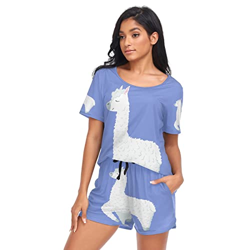 YOUJUNER Schlafanzug Damen Kurz süße Lama Lama Alpaka Pyjama Set Sommer Kurzarm Pyjamaset Nachtwäsche Zweiteiliger Hausanzug Sleepwear Loungewear von YOUJUNER