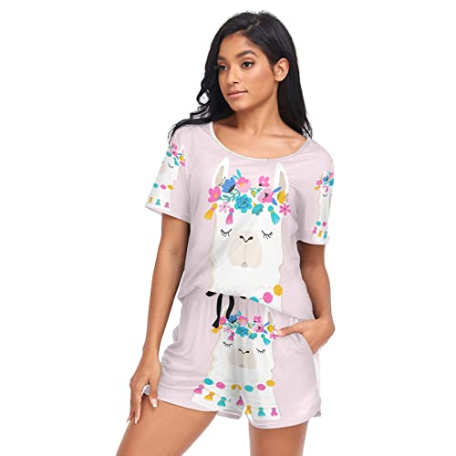 YOUJUNER Schlafanzug Damen Kurz süßer Alpaka-Lama-Lama-Druck Pyjama Set Sommer Kurzarm Pyjamaset Nachtwäsche Zweiteiliger Hausanzug Sleepwear Loungewear von YOUJUNER