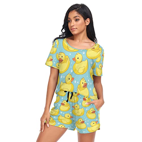 YOUJUNER Schlafanzug Damen Kurz süßer Gelbe Enten Pyjama Set Sommer Kurzarm Pyjamaset Nachtwäsche Zweiteiliger Hausanzug Sleepwear Loungewear von YOUJUNER