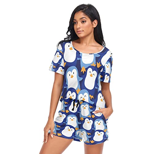 YOUJUNER Schlafanzug Damen Kurz süßer Pinguin Pyjama Set Sommer Kurzarm Pyjamaset Nachtwäsche Zweiteiliger Hausanzug Sleepwear Loungewear von YOUJUNER