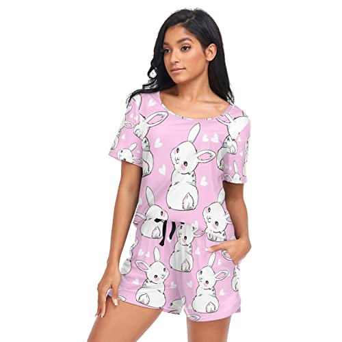 YOUJUNER Schlafanzug Damen Kurz süßes Kaninchen-Häschen-Hase Pyjama Set Sommer Kurzarm Pyjamaset Nachtwäsche Zweiteiliger Hausanzug Sleepwear Loungewear von YOUJUNER