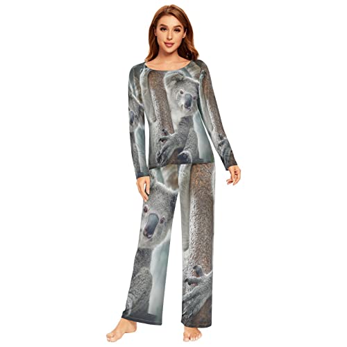 YOUJUNER Schlafanzug Damen Lang 3D-Koalabär-Druck Pyjama Damen Langarm Pyjamaset Nachtwäsche Zweiteiliger Hausanzug Sleepwear von YOUJUNER