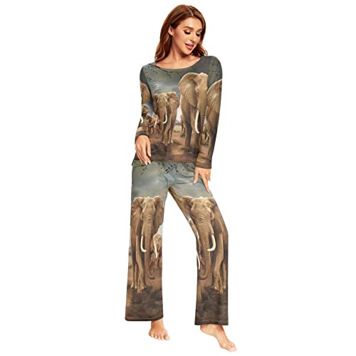 YOUJUNER Schlafanzug Damen Lang Afrika Elefant Pyjama Damen Langarm Pyjamaset Nachtwäsche Zweiteiliger Hausanzug Sleepwear von YOUJUNER
