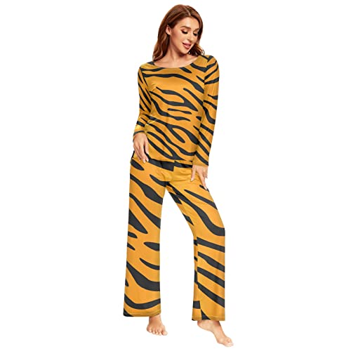 YOUJUNER Schlafanzug Damen Lang Animal Tiger Skin Print Pyjama Damen Langarm Pyjamaset Nachtwäsche Zweiteiliger Hausanzug Sleepwear von YOUJUNER