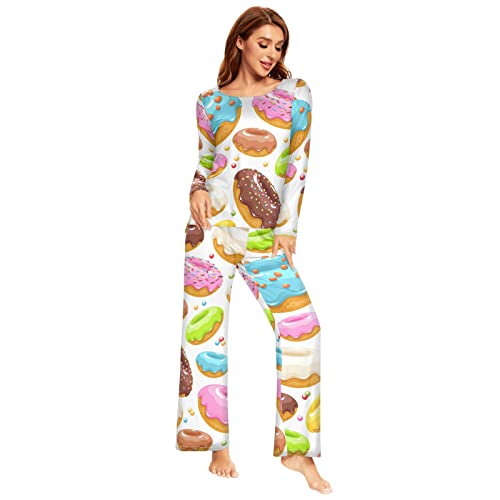 YOUJUNER Schlafanzug Damen Lang Bunte Donuts-Muster Pyjama Damen Langarm Pyjamaset Nachtwäsche Zweiteiliger Hausanzug Sleepwear von YOUJUNER