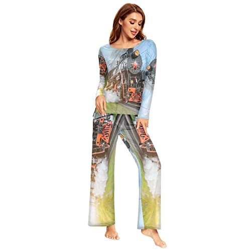 YOUJUNER Schlafanzug Damen Lang Dampfmaschine-Zug-Druck Pyjama Damen Langarm Pyjamaset Nachtwäsche Zweiteiliger Hausanzug Sleepwear von YOUJUNER