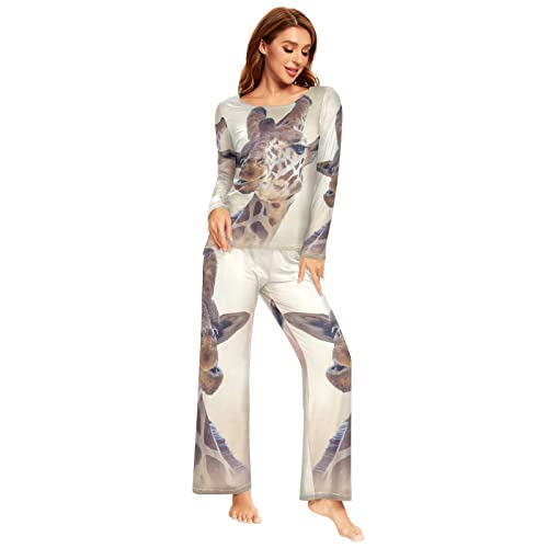 YOUJUNER Schlafanzug Damen Lang Lustiges Giraffen-Gesicht Pyjama Damen Langarm Pyjamaset Nachtwäsche Zweiteiliger Hausanzug Sleepwear von YOUJUNER