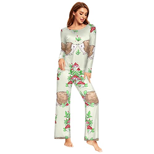 YOUJUNER Schlafanzug Damen Lang Nette Igel-Pilze Pyjama Damen Langarm Pyjamaset Nachtwäsche Zweiteiliger Hausanzug Sleepwear von YOUJUNER