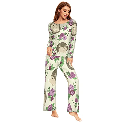 YOUJUNER Schlafanzug Damen Lang Netter Igel Pyjama Damen Langarm Pyjamaset Nachtwäsche Zweiteiliger Hausanzug Sleepwear von YOUJUNER