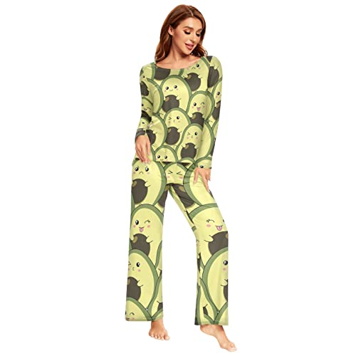 YOUJUNER Schlafanzug Damen Lang Nettes Avocado-Muster Pyjama Damen Langarm Pyjamaset Nachtwäsche Zweiteiliger Hausanzug Sleepwear von YOUJUNER