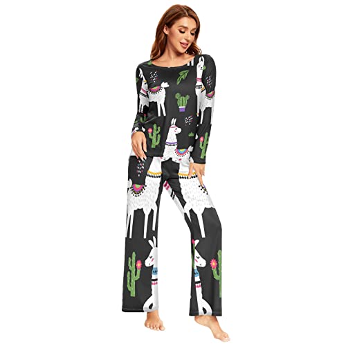 YOUJUNER Schlafanzug Damen Lang Schönes Lama-Alpaka-Muster Pyjama Damen Langarm Pyjamaset Nachtwäsche Zweiteiliger Hausanzug Sleepwear von YOUJUNER