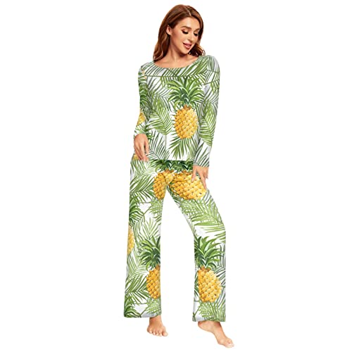 YOUJUNER Schlafanzug Damen Lang Tropische Palmblätter Ananas Pyjama Damen Langarm Pyjamaset Nachtwäsche Zweiteiliger Hausanzug Sleepwear von YOUJUNER
