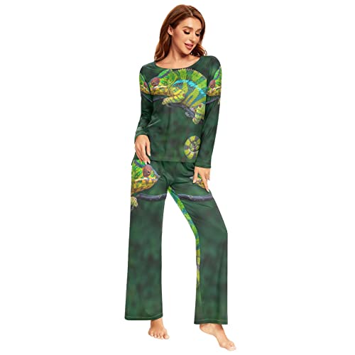 YOUJUNER Schlafanzug Damen Lang Tropisches Chamäleon Pyjama Damen Langarm Pyjamaset Nachtwäsche Zweiteiliger Hausanzug Sleepwear von YOUJUNER