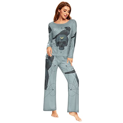 YOUJUNER Schlafanzug Damen Lang Zuckerschädel Rabe Pyjama Damen Langarm Pyjamaset Nachtwäsche Zweiteiliger Hausanzug Sleepwear von YOUJUNER