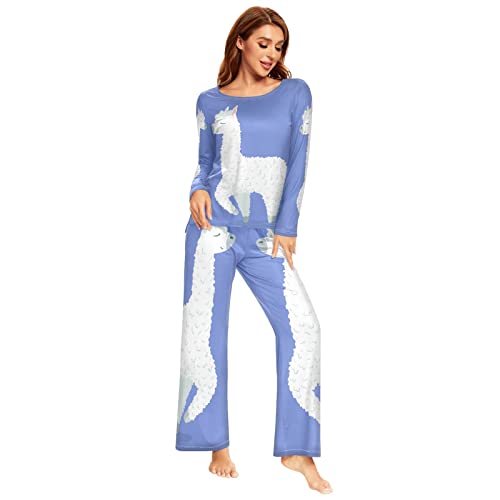 YOUJUNER Schlafanzug Damen Lang süße Lama Lama Alpaka Pyjama Damen Langarm Pyjamaset Nachtwäsche Zweiteiliger Hausanzug Sleepwear von YOUJUNER
