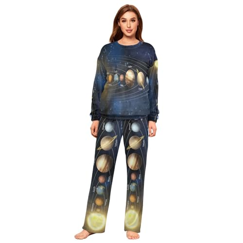 YOUJUNER Schlafanzug Damen Planet Sonnensystem Lang Fleece Pyjama Damen Langarm Pyjamaset Winter Nachtwäsche Zweiteiliger Hausanzug Sleepwear von YOUJUNER