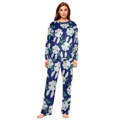 YOUJUNER Schlafanzug Damen Süße Kaninchen-Häschen-Hase Lang Fleece Pyjama Damen Langarm Pyjamaset Winter Nachtwäsche Zweiteiliger Hausanzug Sleepwear von YOUJUNER