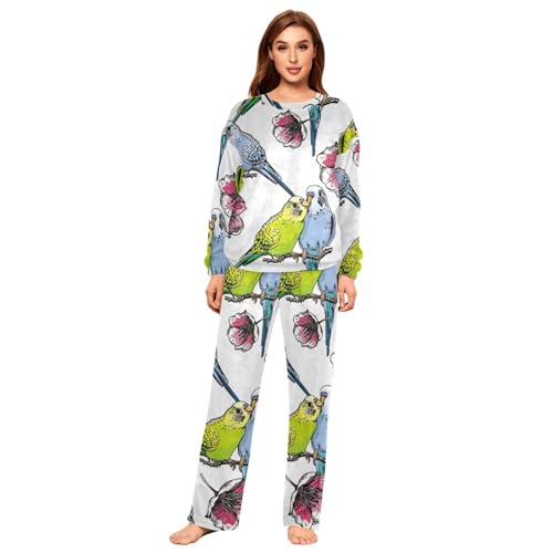 YOUJUNER Schlafanzug Damen Vogel-Papagei-Liebe Lang Fleece Pyjama Damen Langarm Pyjamaset Winter Nachtwäsche Zweiteiliger Hausanzug Sleepwear von YOUJUNER