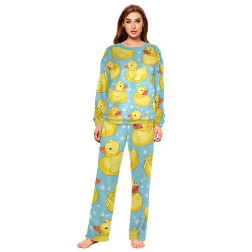 YOUJUNER Schlafanzug Damen süßer Gelbe Enten Lang Fleece Pyjama Damen Langarm Pyjamaset Winter Nachtwäsche Zweiteiliger Hausanzug Sleepwear von YOUJUNER