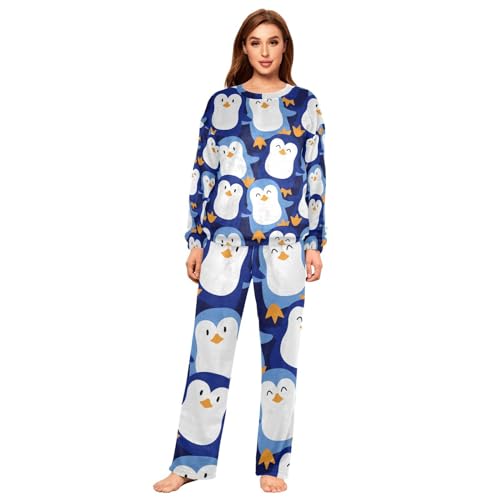 YOUJUNER Schlafanzug Damen süßer Pinguin Lang Fleece Pyjama Damen Langarm Pyjamaset Winter Nachtwäsche Zweiteiliger Hausanzug Sleepwear von YOUJUNER