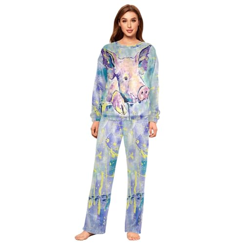 YOUJUNER Schlafanzug Damen süßer Tierschwein-Druck Lang Fleece Pyjama Damen Langarm Pyjamaset Winter Nachtwäsche Zweiteiliger Hausanzug Sleepwear von YOUJUNER