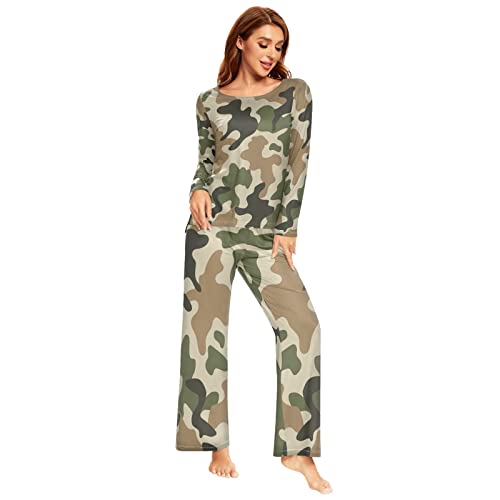 YOUJUNER Schlafanzug-Set für Damen, Camouflage, Grün, Camouflage, Langarm, Nachtwäsche, Loungewear-Set, Pyjama-Set, mehrfarbig, 38 von YOUJUNER