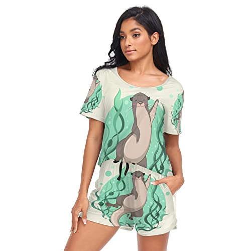 YOUJUNER Schlafanzug-Sets für Damen, Cartoon-Tier-Otter-Kurzarm-Nachtwäsche, Sommer-Loungewear-Set, Pyjama-Set, mehrfarbig, 46 von YOUJUNER