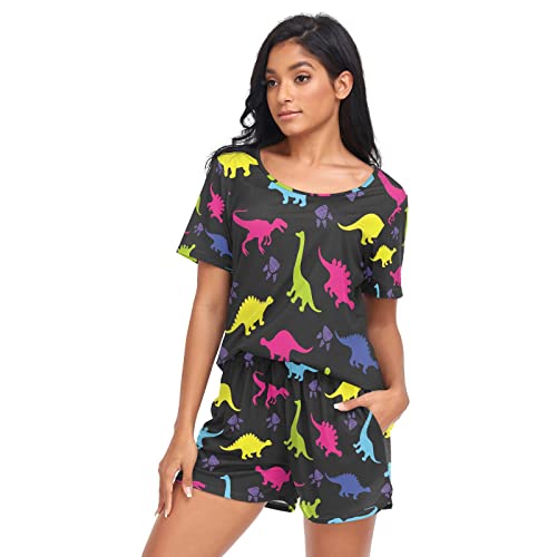 YOUJUNER Schlafanzug-Sets für Frauen, buntes Dinosaurier-Muster Kurzarm Nachtwäsche Sommer Loungewear Set Pjs Nachtwäsche Set, mehrfarbig, 48 von YOUJUNER