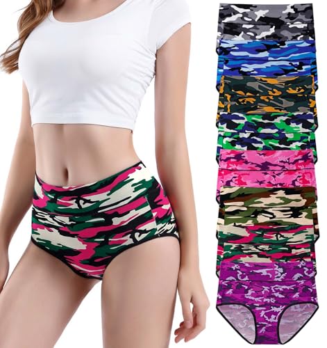 YOULEHE Unterhosen Damen Baumwolle Hohe Taille Weich Atmungsaktiv Unterwäsche (8er Pack-Tarnung, 3XL) von YOULEHE