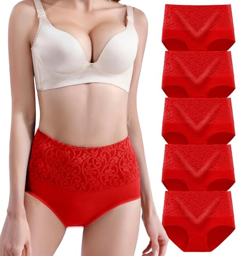 YOULEHE Unterhosen Damen Baumwolle Hohe Taille Weich Atmungsaktiv Unterwäsche (Rot 5er Pack-01, XL) von YOULEHE