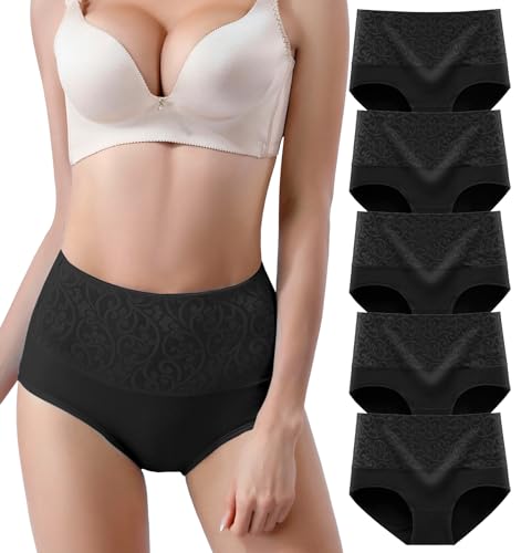 YOULEHE Unterhosen Damen Baumwolle Hohe Taille Weich Atmungsaktiv Unterwäsche (Schwarz 5er Pack-01, L) von YOULEHE