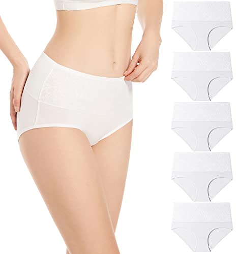 YOULEHE Unterhosen Damen Baumwolle Hohe Taille Weich Atmungsaktiv Unterwäsche (as3, Alpha, 2X_l, Weiß 5er Pack-01) von YOULEHE