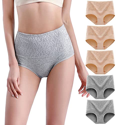 YOULEHE Unterhosen Damen Baumwolle Hohe Taille Weich Atmungsaktiv Unterwäsche (as3, Alpha, 3X_l, Grau Beige-5er Pack-01) von YOULEHE