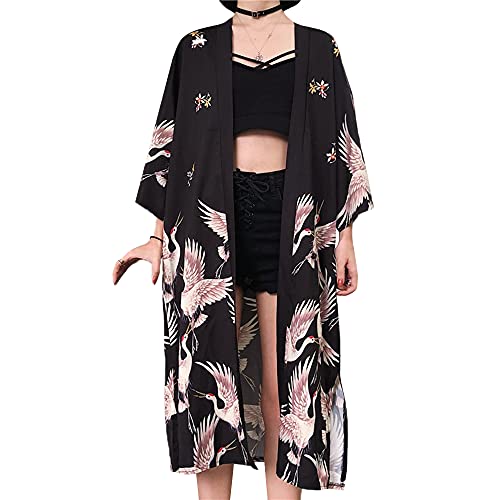 YM YOUMU Japanischer Kimono-Cardigan für Damen, Yukata, Oberteil, Vintage, Schwarz-lang, One size von YM YOUMU