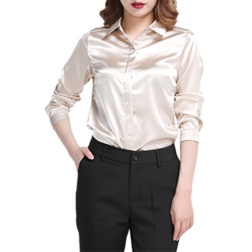 YOUMU Damen Satin Seide Langarm Button-down Hemd Formelle Arbeit Seidige Bluse Top (Champagner, EU L(Etikett 2XL)/ Büste: 40,16 ") von YOUMU