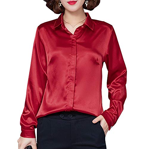 YOUMU Damen Satin Seide Langarm Button-down Hemd Formelle Arbeit Seidige Bluse Top (Rot, EU L(Etikett 2XL)/ Büste: 40,16 ") von YM YOUMU