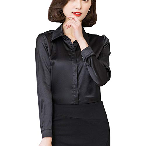 YOUMU Damen Satin Seide Langarm Button-down Hemd Formelle Arbeit Seidige Bluse Top (Schwarz, EU L(Etikett 2XL)/ Büste: 40,16 ") von YOUMU