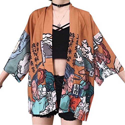 YM YOUMU Damen Sommer Lange Japanische Kimono Strickjacke Süße Katze Outwear Mantel Tops (Gelb, Einheitsgröße) von YM YOUMU