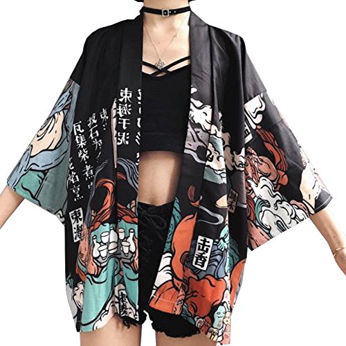 YOUMU Damen Sommer Lange Japanische Kimono Strickjacke Süße Katze Outwear Mantel Tops (Schwarz, Einheitsgröße) von YOUMU