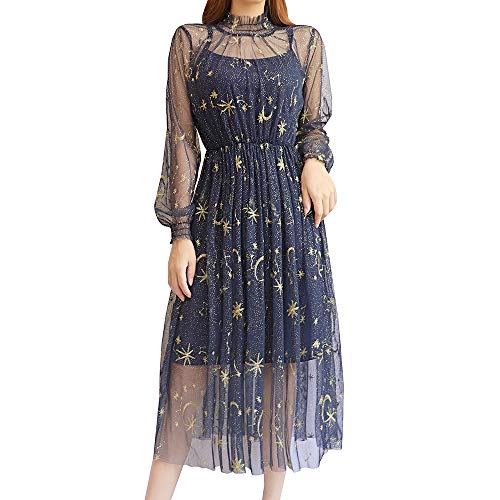 YOUMU Damen-Sommerkleid, Chiffon, Sterne, Mond, Bedruckt, bestickter Rock, Lange Puffärmel, Prinzessinnenkleid - - X-Groß von YM YOUMU