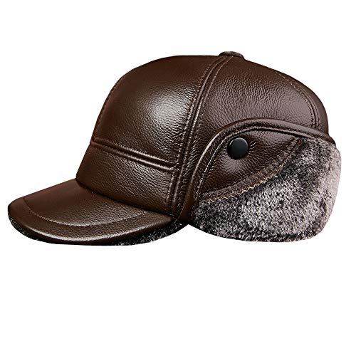 YOUMU Herren Leder Trappermütze Baseball Cap Outdoor Jagd Piloten-Ohrenklappe Winter, dunkelbraun, XXL/59/60 cm von YOUMU