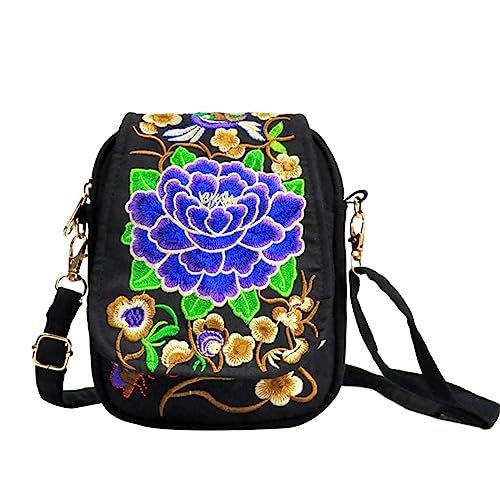 YOUNAFEN Ethnische handgefertigte Stickerei Blume Crossbody Tasche Geldbörse Reise Schultertaschen Handytasche mit Blumenmuster für Frauen, Lila Pfingstrose, 15*5*18cm von YOUNAFEN