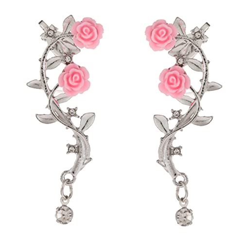 YOUNAFEN Vintage Rose Flower Cuff Earrings Trendy Rose Flower Climber Crawler Earrings Sparkly Metal Leaf Ear Cuff for Women Girl, as pics show, Metall, Kein Edelstein von YOUNAFEN